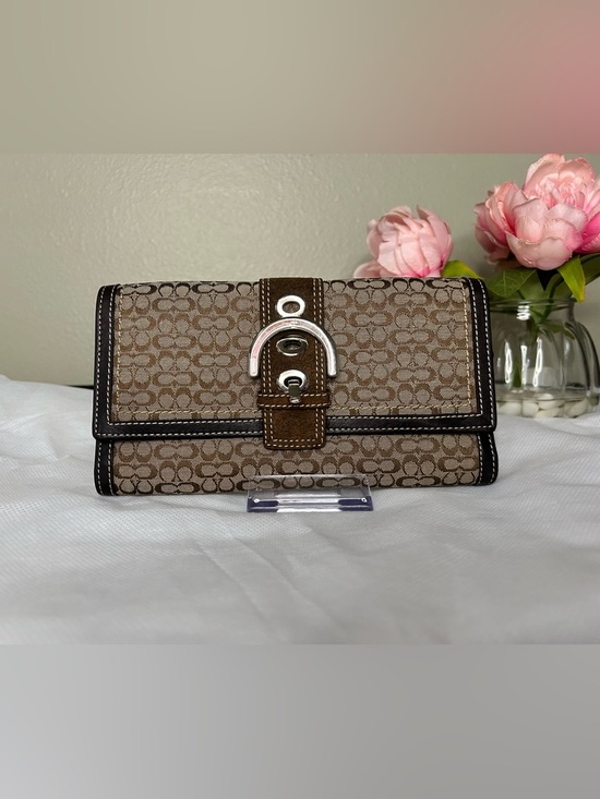 Coach Handbags - Coach Brown Monogram Wallet/ Clutch with Buckle Snap Accent